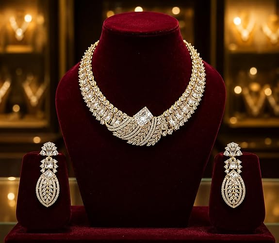 Designer Crystal Statement Necklace Set with Earrings
